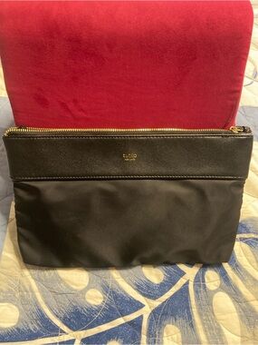 TUTILO Black Faux Leather Trim SLIM Clutch Bag